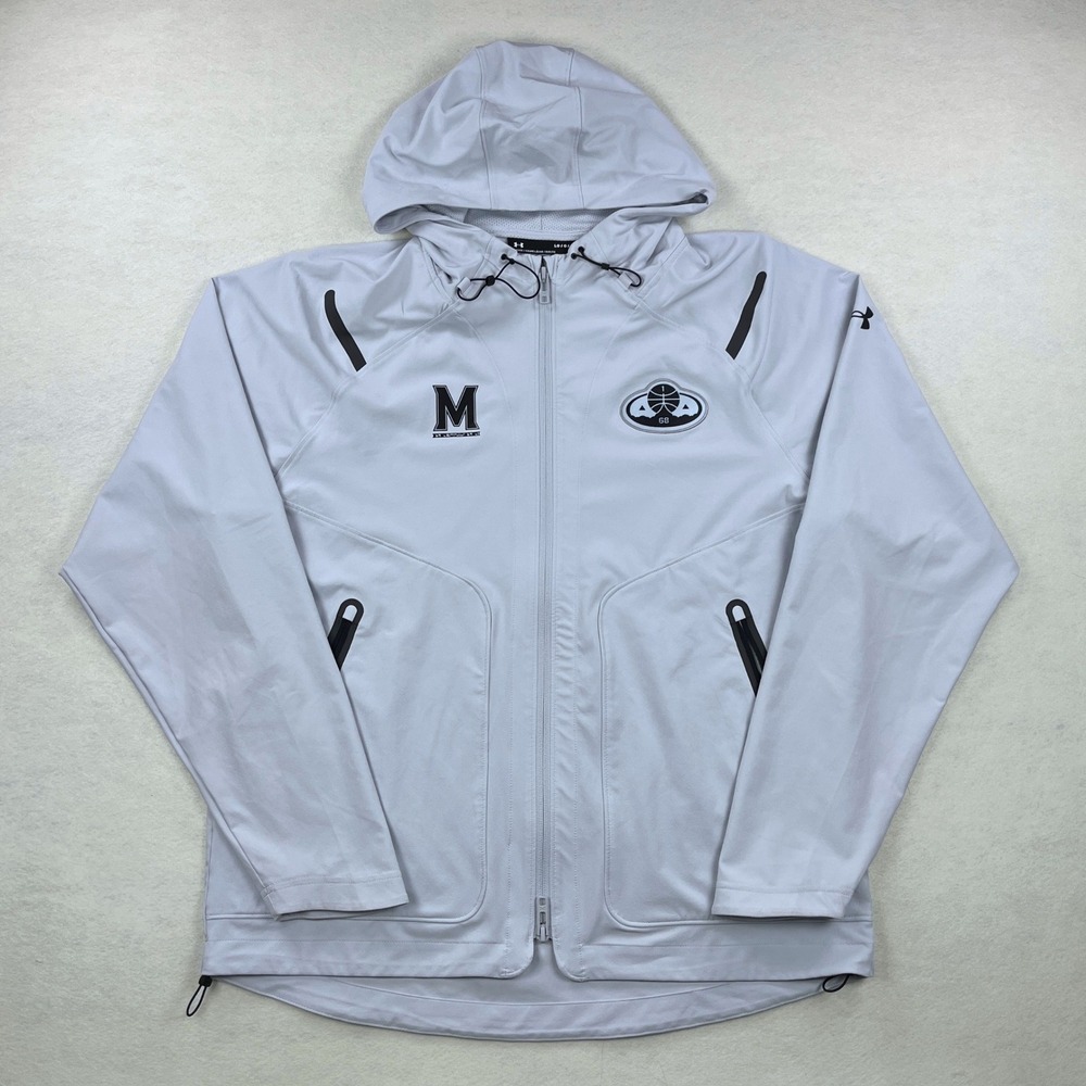 Under Armour Mens Gray Full Zip Hooded Windbreaker Jacket ABA 68 Logo Large